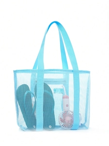 Detail of blue mesh beach bag showing spacious interior with slippers and water bottle