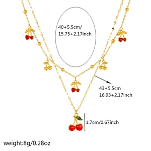 Double-layer gold stainless steel necklace with red enamel cherry pendants and size data