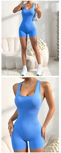 Detail of royal blue ribbed yoga bodysuit featuring wide straps and moisture-wicking fabric