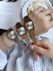 Three elegant square dial watches with metal link bracelets and crystal indexes