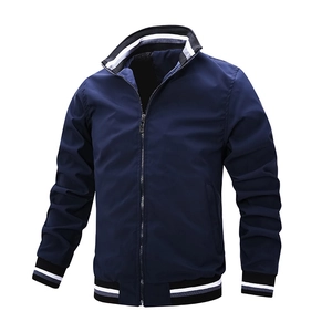 Men's navy casual jacket with stand collar and striped ribbing for sporty look