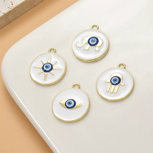 Evil Eye Round Enamel Alloy Charms Pendants For DIY Jewelry Making Hamsa Hand Elephant Sun Patterns
