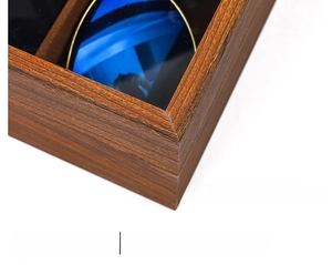 Detailed close-up of retro wood grain PU leather box with reinforced metal corners