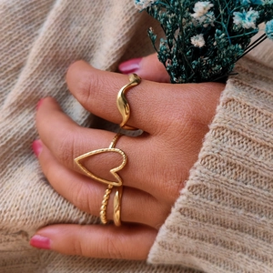 Hollow Heart Wave Bead Layered Adjustable Rings Gold Plated Stainless Steel Fashion Jewelry For Women