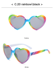 Front and 45-degree side view of heart-shaped sunglasses with rainbow frame and gray lens