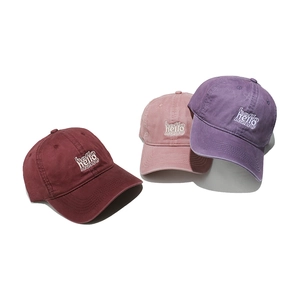 Vintage cotton baseball caps with Hello embroidery in burgundy, pink and purple tones