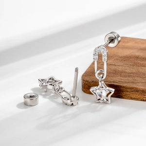Silver paperclip stud earrings with hollow star pendant and heart zircon inlay