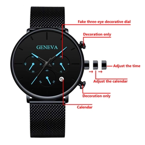 Detail view of the black stainless steel mesh band watch with blue hands and calendar