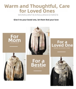 Detailed view of plaid cashmere-feel scarves with long tassels in three winter colors