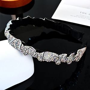 Baroque style wide headband in black velvet with shimmering colorful rhinestones