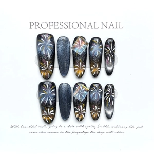 Faux ongles faits main œil de chat avec motif feu d'artifice et strass en cristal aurora