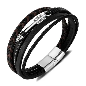 Men Multilayer Braided Leather Bracelet Stainless Steel Arrow Charm Vintage Punk Style Jewelry Magnetic Buckle
