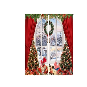 Christmas polyester velvet curtains featuring festive trees and winter snow window scene