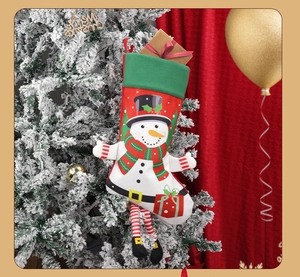 Detail of a large snowman Christmas stocking gift bag with long legs and plush cuff