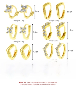 Size chart showing gold flower earrings with dimensions and weight for each unique design