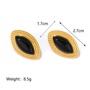 Vintage 18K gold-plated oval earrings with black resin inlay and twisted rope edges