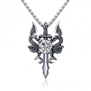 Gothic silver sword and dragon pendant necklace with a clear gemstone on a woven chain