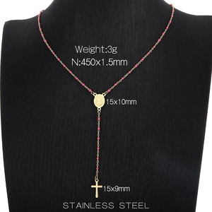 Detail view of 3g stainless steel rosary necklace with pink beads and size parameters