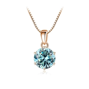Rose gold 925 sterling silver necklace with a 1-carat light blue round moissanite pendant