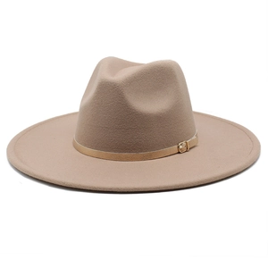 Classic light brown wool felt wide brim fedora hat with elegant leather band and gold buckle
