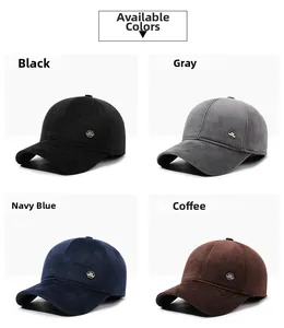 Corduroy winter baseball caps in black, grey, navy, and brown with metallic logo