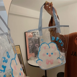 Vue détaillée du motif de lapin blanc mignon sur un sac de plage transparent en PVC