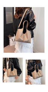Three-way view of a beige monogram tote bag styled with a leather jacket and lace skirt