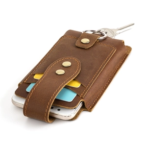 Vintage crazy horse leather waist bag for men with mobile phone slot and metal keychain