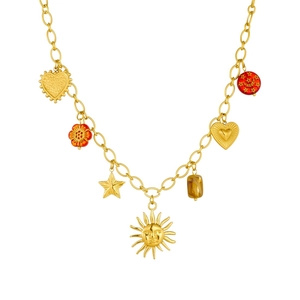 Collier vintage doré avec pendentifs soleil et cœur et breloques de fleurs rouges
