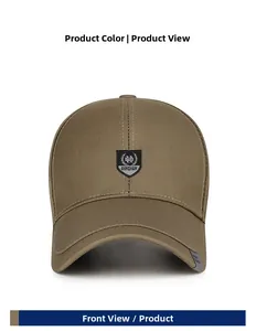 Front view of khaki business baseball cap with shield logo and adjustable hard top