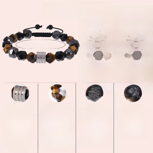Adjustable 10mm tiger eye and lava stone bead bracelet with stainless steel charm