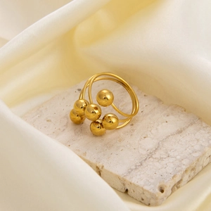 Detailed view of 18K gold plated spherical ring with triple-layered bands on stone