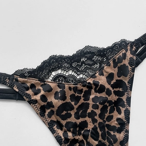 Sexy leopard print thong with lace trim and rhinestone details for women
