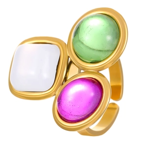 Bague vintage ajustable en acier inoxydable avec pierres vertes, roses et blanches