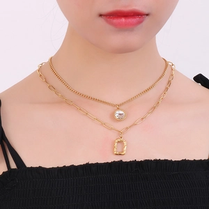 Double-layer gold hip-hop necklace featuring crystal and rectangular hammer-texture pendants