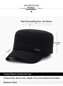 Detailed size chart for men's winter wool flat top hat with classic metal side buckle