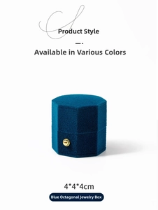 Blue velvet octagonal jewelry box with gold knob and 4x4x4cm dimensions detail