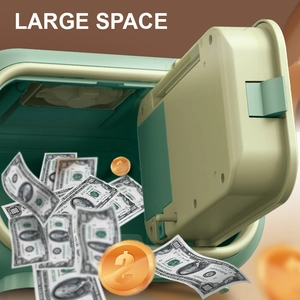 Large capacity green and beige children's safe piggy bank with flying coins and cash