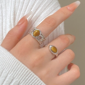 Vintage silver tiger eye open rings with golden brown gemstone for women