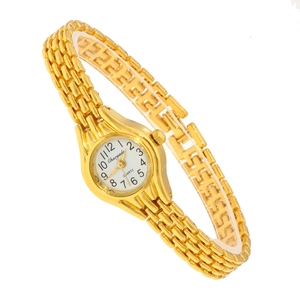 Close-up of gold ladies watch with heart charm bracelet and Arabic numeral dial display