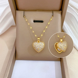 Heart Locket Pendant Necklace Gold Plated Stainless Steel Copper Cubic Zirconia Artificial Pearl Openable Jewelry For Women
