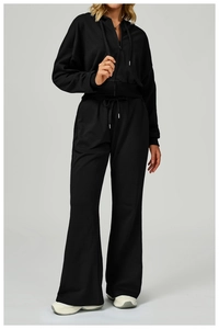 Full view of black hooded zip-up tracksuit with drawstring hood and wide-leg joggers
