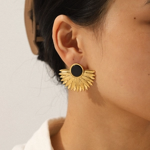French style 18K gold stainless steel fan-shaped leaf earrings with black center detail