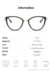 Detailed size chart for cat-eye anti-blue light glasses with precise measurements