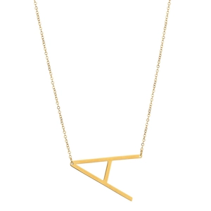 Golden stainless steel necklace featuring a large slanted letter A pendant on a thin chain
