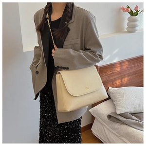 Chic beige crossbody bag with gold chain strap shown on model in stylish grey blazer