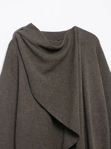 Detailed knit texture and draped fold design on dark coffee knit shawl cardigan