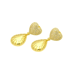 Detailed view of gold drop earrings with heart studs and textured waterdrop charms
