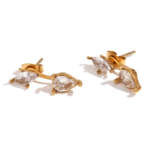 Minimalist 18K gold plated stainless steel teardrop zircon earrings on white background