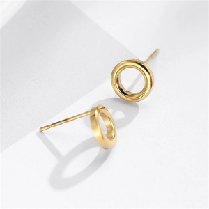 Detailed view of minimalist gold hollow circle stud earrings in polished stainless steel